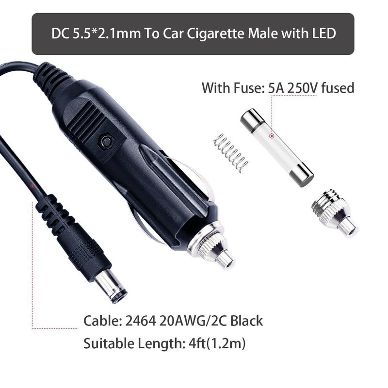 SPARKING DC 5.5 x 2.1mm Car Charger Power Supply Cord - 12v -24v 4FT Cigarette Lighter Male Plug to DC Connector 5.5 x 2.1mm Cable - Image 2